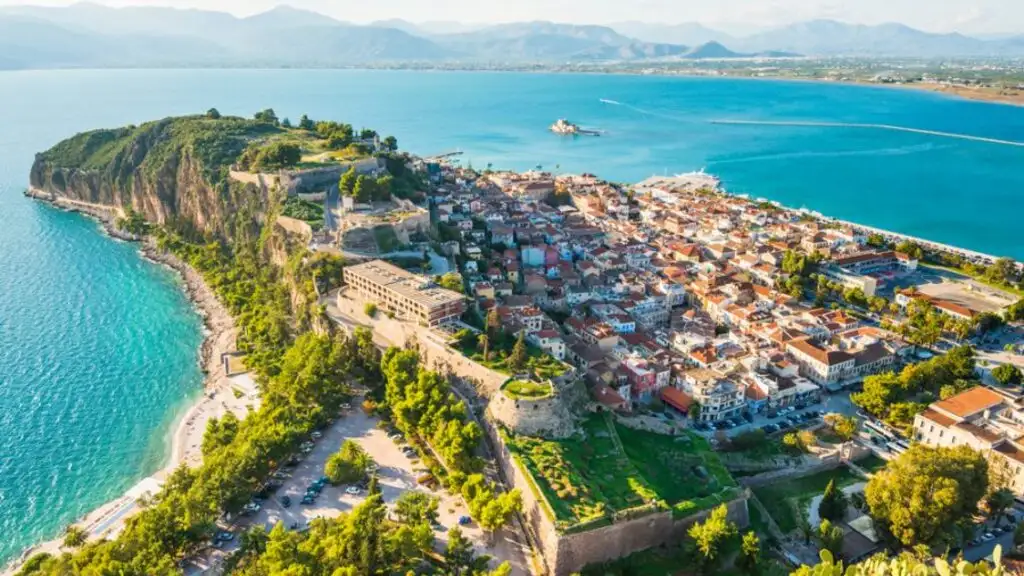 Bourtzi water fortress and Akronafplia hill, famous landmarks and attractions in Nafplio